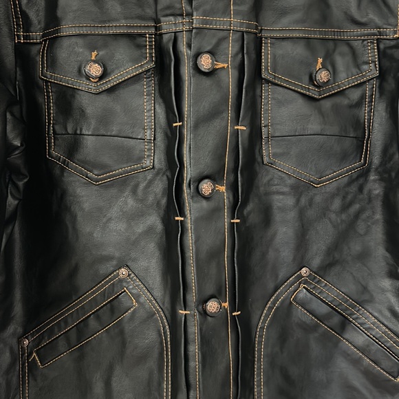 NWOT Mens Classic Stand Collar Bomber Jacket Vegan Leather Black Button Sz XL - Picture 6 of 14